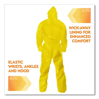 A70 Chemical Spray Protection Coveralls, Elastic Wrists, Ankles, Hood, XL, Yellow, 12/Carton