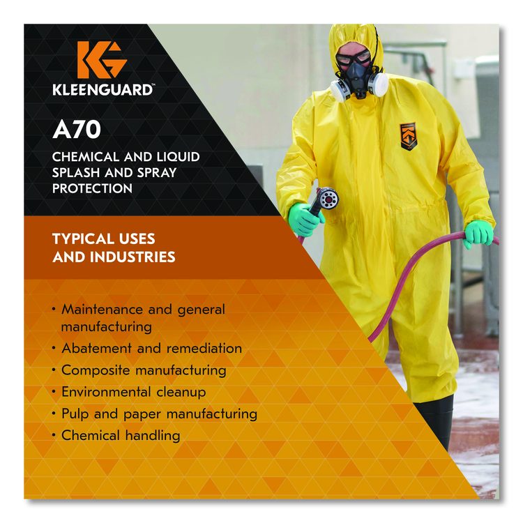 A70 Chemical Spray Protection Coveralls, Elastic Wrists, Ankles, Hood, XL, Yellow, 12/Carton