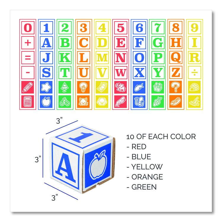 At Play 123 ABC Learning Blocks, Corrugated Board, 3" x 3" x 3", Assorted Colors, 50/Pack