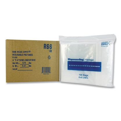 Reloc Zippit Plastic Zipper Bags, 2 mil, 6" x 6", Clear, 1,000/Box