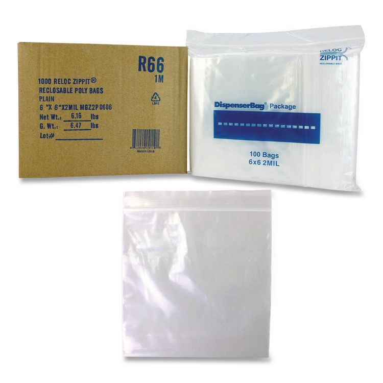 Reloc Zippit Plastic Zipper Bags, 2 mil, 6" x 6", Clear, 1,000/Box