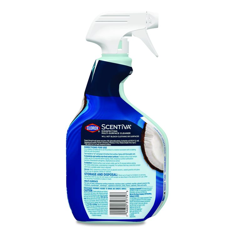Scentiva Disinfecting Multi-Surface Cleaner, Bleach Free, Coconut and Waterlily Scent, 32 oz Spray Bottle, 9/Carton