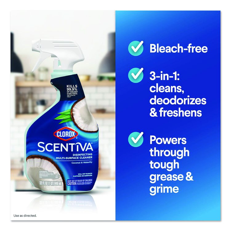 Scentiva Disinfecting Multi-Surface Cleaner, Bleach Free, Coconut and Waterlily Scent, 32 oz Spray Bottle, 9/Carton
