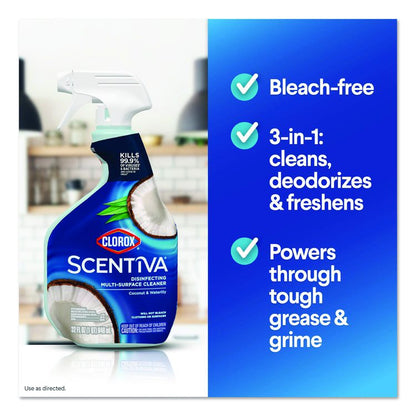 Scentiva Disinfecting Multi-Surface Cleaner, Bleach Free, Coconut and Waterlily Scent, 32 oz Spray Bottle, 9/Carton