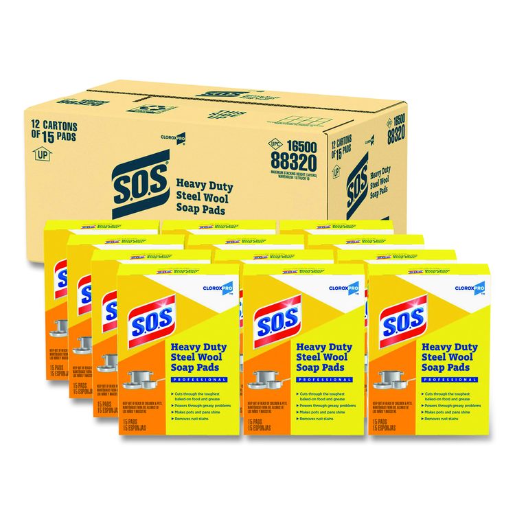 Steel Wool Soap Pads, 2.4 x 3, Steel, 15 Pads/Box, 12 Boxes/Carton