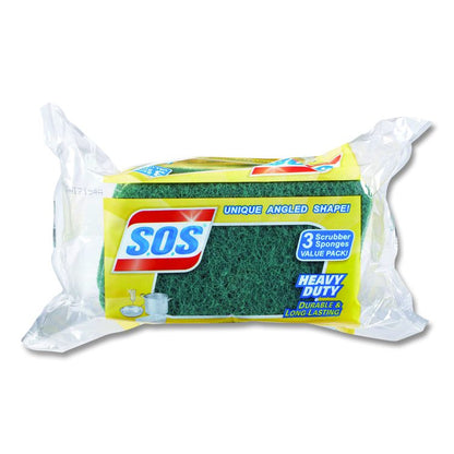 Heavy Duty Scrubber Sponge, 2.5 x 4.5, 0.9" Thick, Yellow/Green, 3/Pack, 8 Packs/Carton