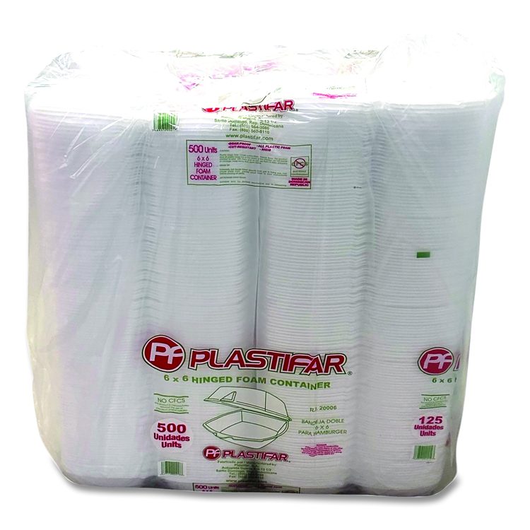 Foam Hinged Lid Containers, 6 x 6 x 3, White, Foam, 500/Carton