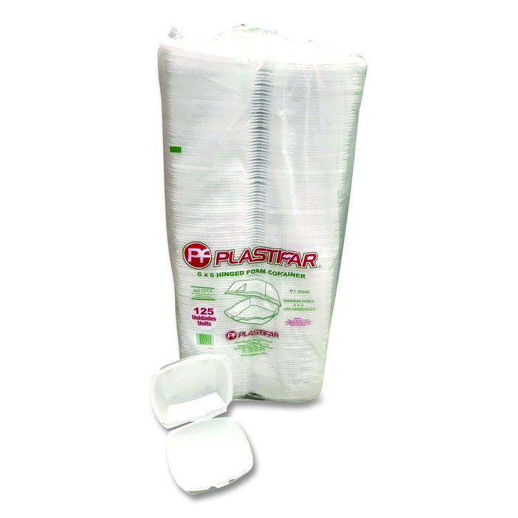 Foam Hinged Lid Containers, 6 x 6 x 3, White, Foam, 500/Carton