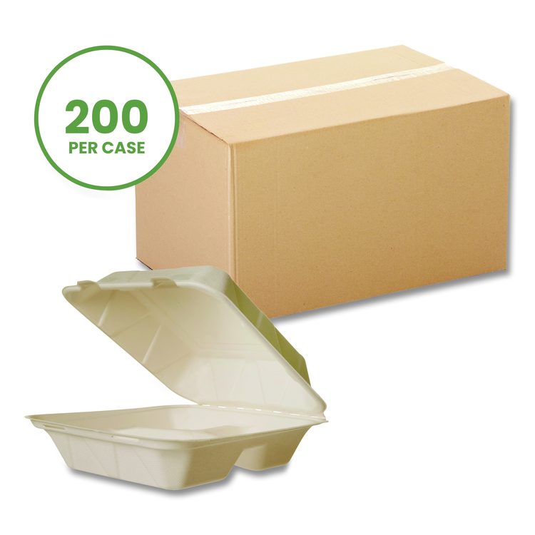 Nourish Molded Fiber Takeout Containers, Compostable, 3 Compartments, 7.9 x 7.9 x 2.9, White, Sugarcane, 200/Carton