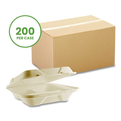 Nourish Molded Fiber Takeout Containers, Compostable, 3 Compartments, 9 x 9 x 3, White, Sugarcane, 200/Carton