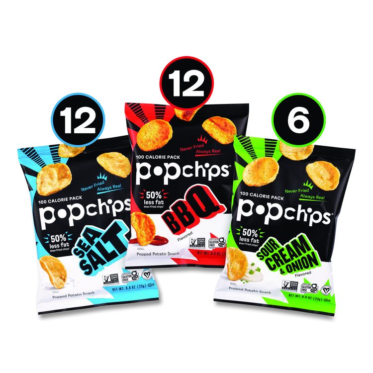 Potato Chips, Variety Pack, Barbeque, Sea Salt, Sour Cream and Onion, 0.8 oz Bag, 30/Pack