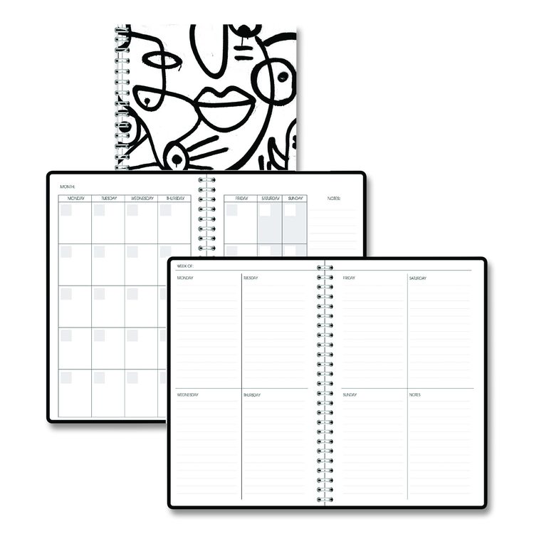 Recycled Non-Dated Monthly/Weekly Planner, Abstract Faces, Black/White Cover, Undated