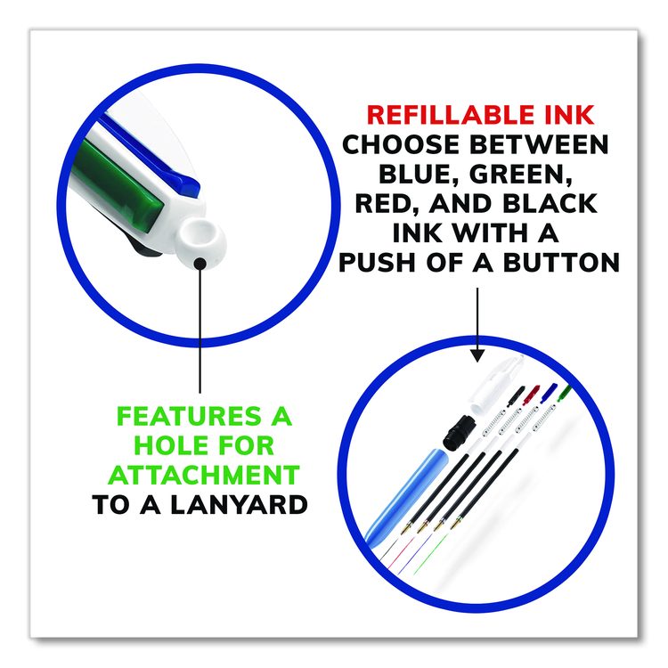 4-Color Multi-Color Ballpoint Pen, Retractable, Medium 1 mm, Black/Blue/Green/Red Ink, Blue/White Barrel, 12/Box