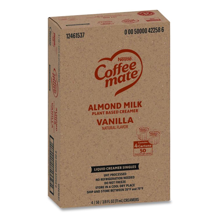 Plant-Based Almond Milk Non-Dairy Liquid Creamer Singles, Natural Vanilla, 0.38 oz Mini Cups, 200/Carton