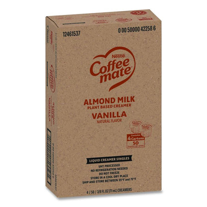 Plant-Based Almond Milk Non-Dairy Liquid Creamer Singles, Natural Vanilla, 0.38 oz Mini Cups, 200/Carton