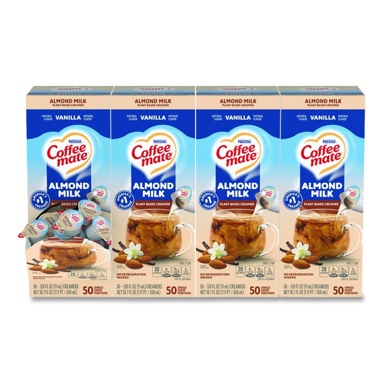 Plant-Based Almond Milk Non-Dairy Liquid Creamer Singles, Natural Vanilla, 0.38 oz Mini Cups, 200/Carton