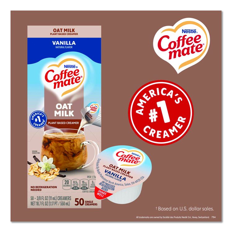Plant-Based Oat Milk Liquid Creamers, Natural Vanilla, 0.38 oz Mini Cups, 50/Box