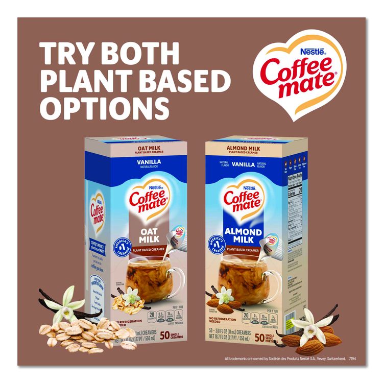 Plant-Based Oat Milk Liquid Creamers, Natural Vanilla, 0.38 oz Mini Cups, 50/Box, 4 Boxes/Carton