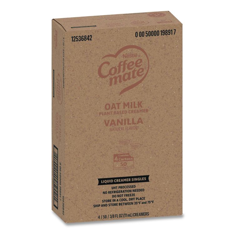 Plant-Based Oat Milk Liquid Creamers, Natural Vanilla, 0.38 oz Mini Cups, 50/Box, 4 Boxes/Carton