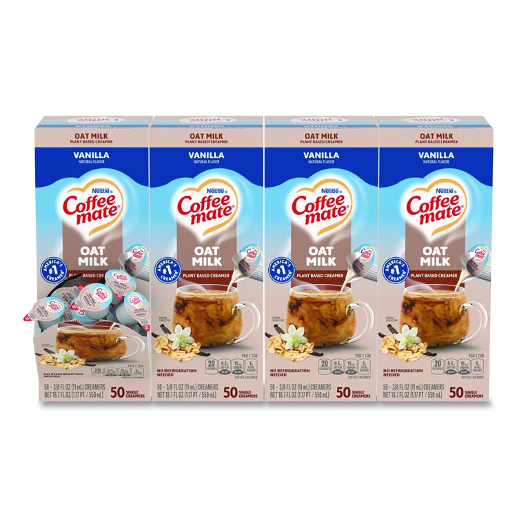Plant-Based Oat Milk Liquid Creamers, Natural Vanilla, 0.38 oz Mini Cups, 50/Box, 4 Boxes/Carton