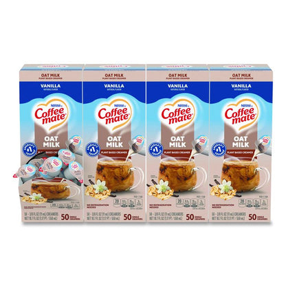 Plant-Based Oat Milk Liquid Creamers, Natural Vanilla, 0.38 oz Mini Cups, 50/Box, 4 Boxes/Carton