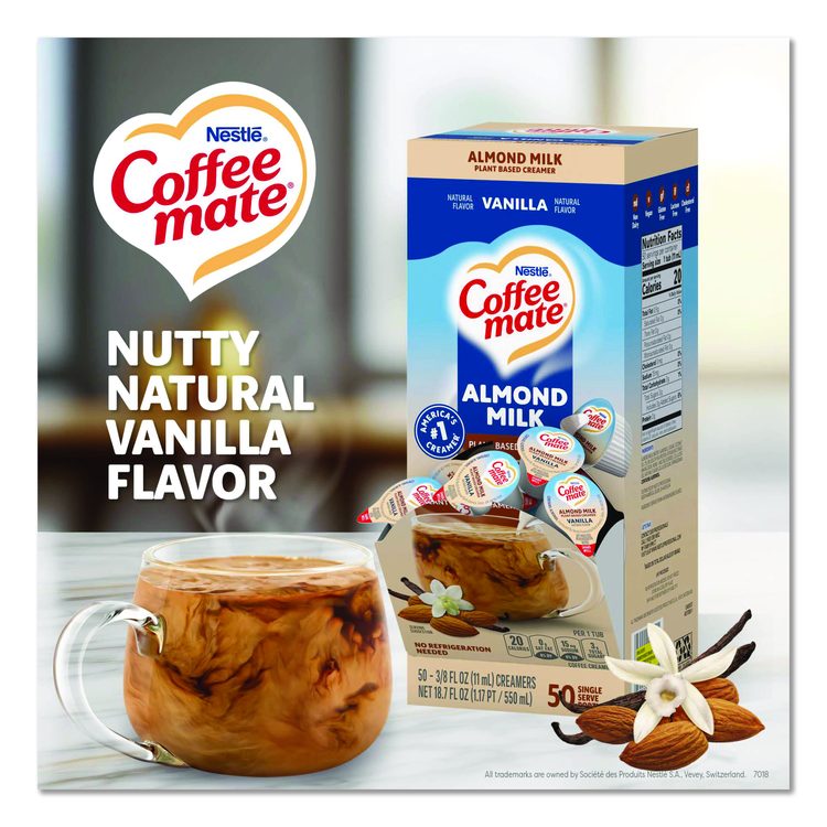 Plant-Based Almond Milk Non-Dairy Liquid Creamer Singles, Natural Vanilla, 0.38 oz Mini Cups, 50/Box