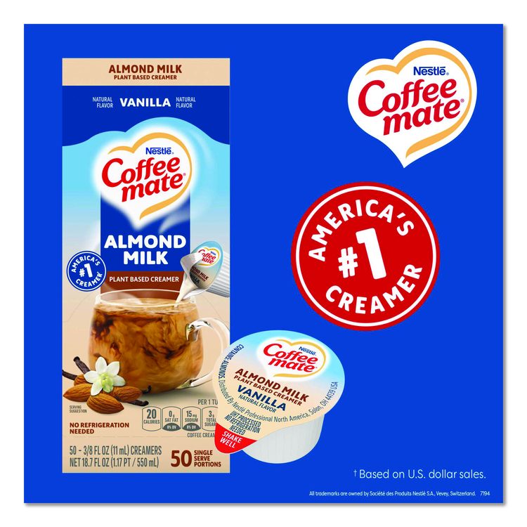 Plant-Based Almond Milk Non-Dairy Liquid Creamer Singles, Natural Vanilla, 0.38 oz Mini Cups, 50/Box