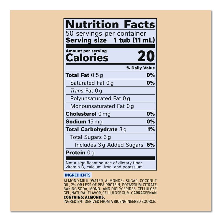 Plant-Based Almond Milk Non-Dairy Liquid Creamer Singles, Natural Vanilla, 0.38 oz Mini Cups, 50/Box