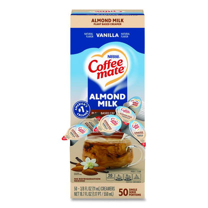 Plant-Based Almond Milk Non-Dairy Liquid Creamer Singles, Natural Vanilla, 0.38 oz Mini Cups, 50/Box