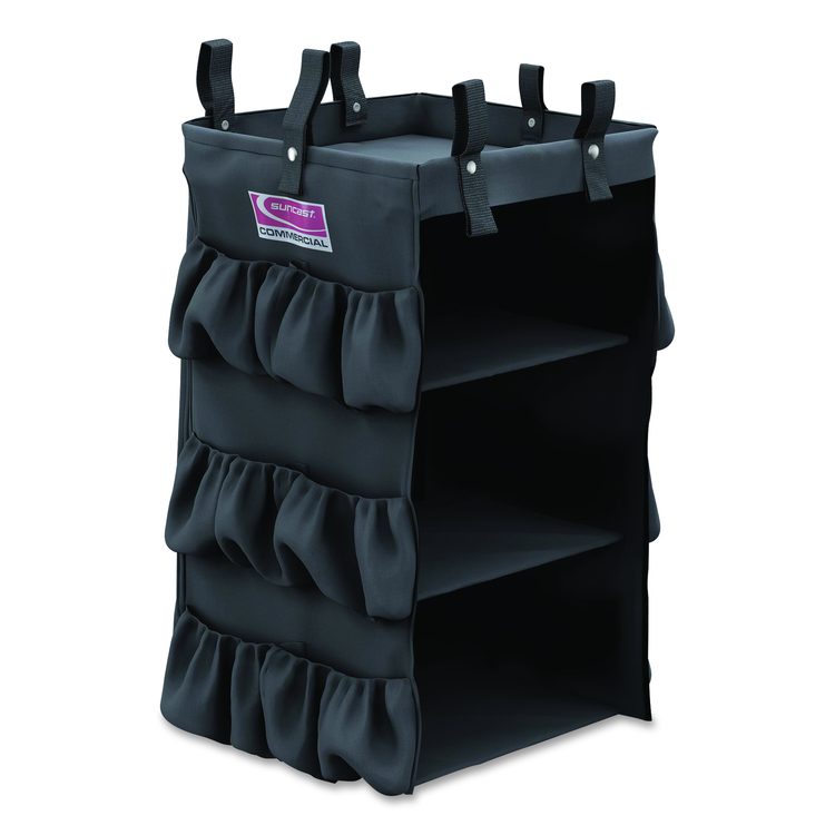 3-Sided Hanging Bag with Shelves for Suncast Commercial HKC1000/HKC2000 Housekeeping Carts, 25.4 gal, 15.7 x 12.4 x 30, Black