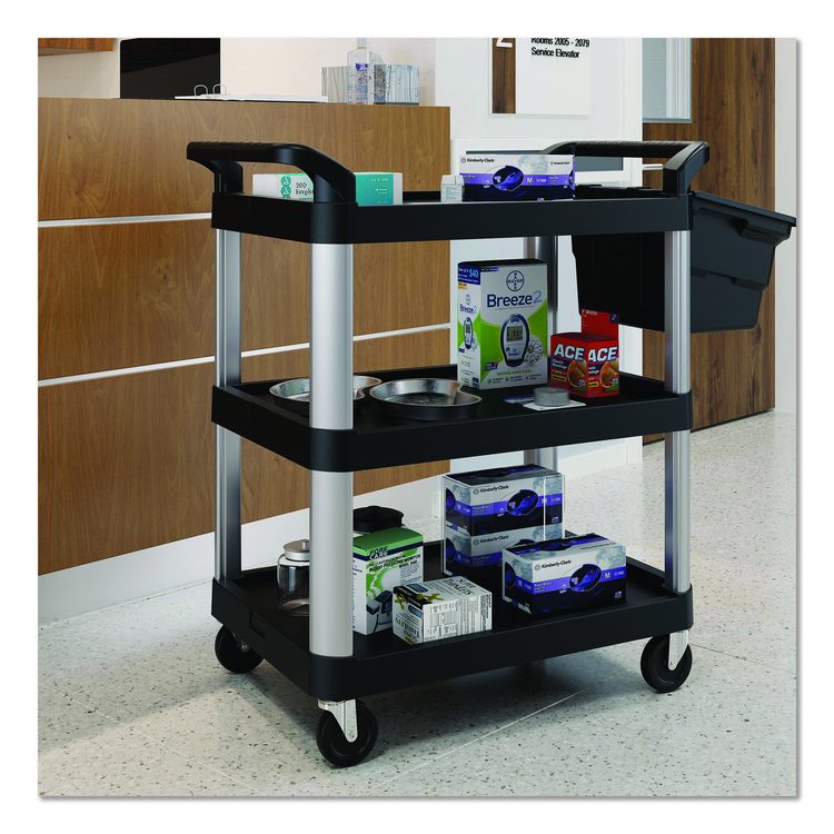 Three-Shelf Service Cart, Metal/Plastic, 3 Shelves, 300 lb Capacity, 20" x 34" x 37.92", Black
