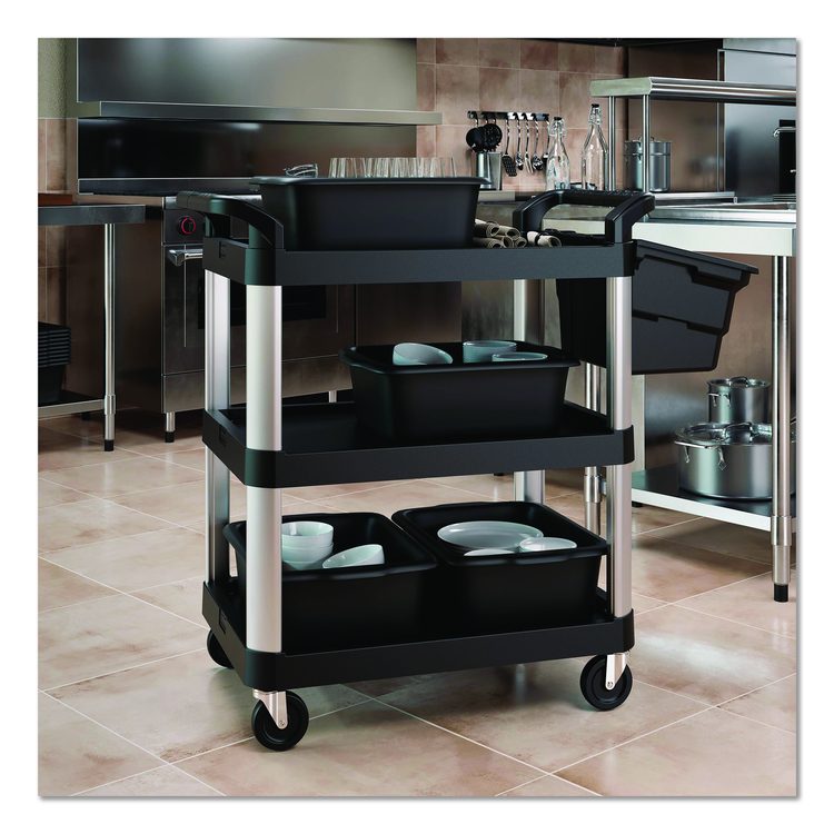 Three-Shelf Service Cart, Metal/Plastic, 3 Shelves, 300 lb Capacity, 20" x 34" x 37.92", Black