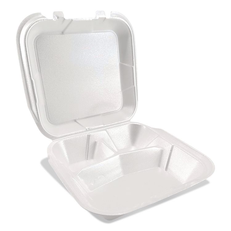 Foam Hinged Lid Containers, 3-Compartment, 9 x 9 x 3, White, Foam, 200/Carton