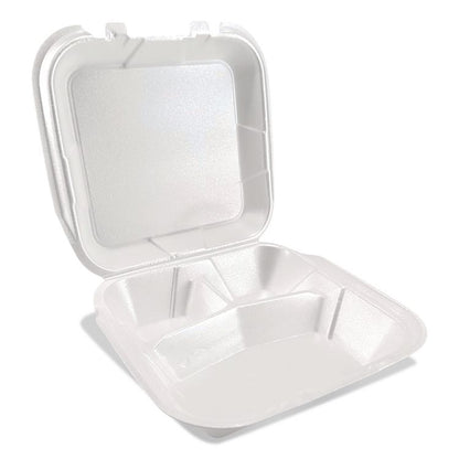 Foam Hinged Lid Containers, 3-Compartment, 9 x 9 x 3, White, Foam, 200/Carton