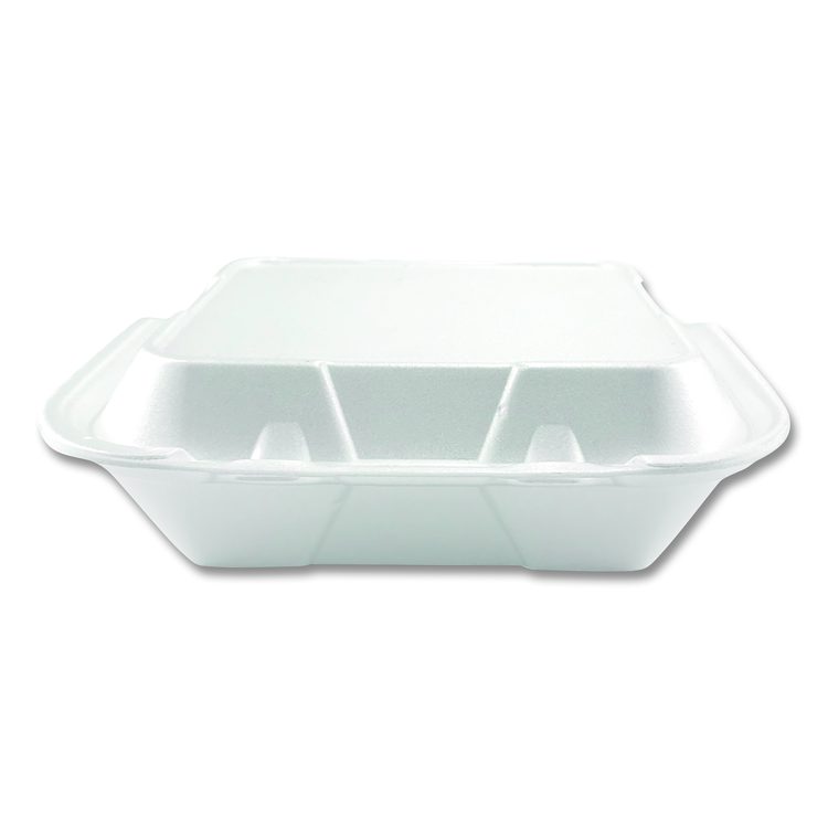 Foam Hinged Lid Containers, 3-Compartment, 9 x 9 x 3, White, Foam, 200/Carton