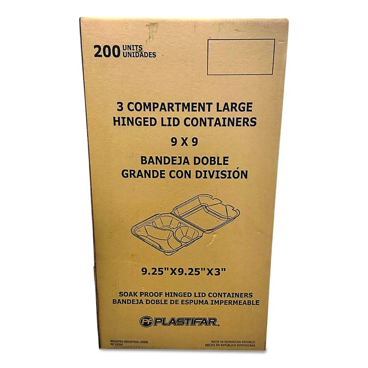 Foam Hinged Lid Containers, 3-Compartment, 9 x 9 x 3, White, Foam, 200/Carton