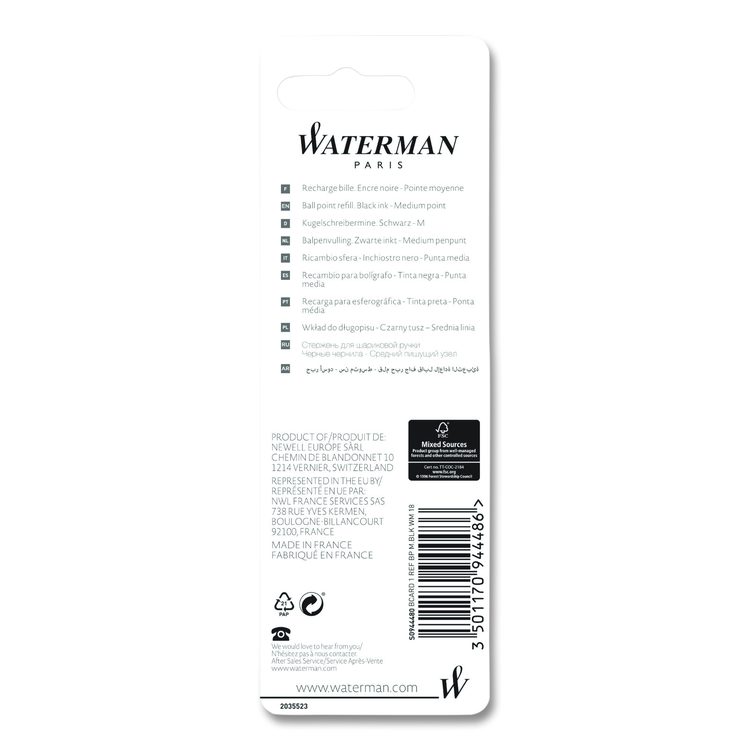 Refill for Waterman Ballpoint Pens, Medium Conical Tip, Black Ink