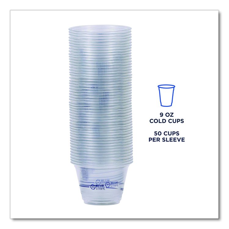BlueStripe 25% Recycled Content Cold Cups, 9 oz, Plastic, Clear/Blue, 50/Pack, 20 Packs/Carton