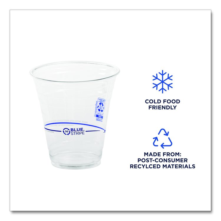 BlueStripe 25% Recycled Content Cold Cups, 12 oz, Plastic, Clear/Blue, 50/Pack, 20 Packs/Carton