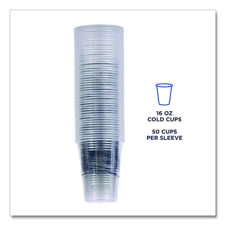 BlueStripe 25% Recycled Content Cold Cups, 16 oz, Plastic, Clear/Blue, 50/Pack, 20 Packs/Carton