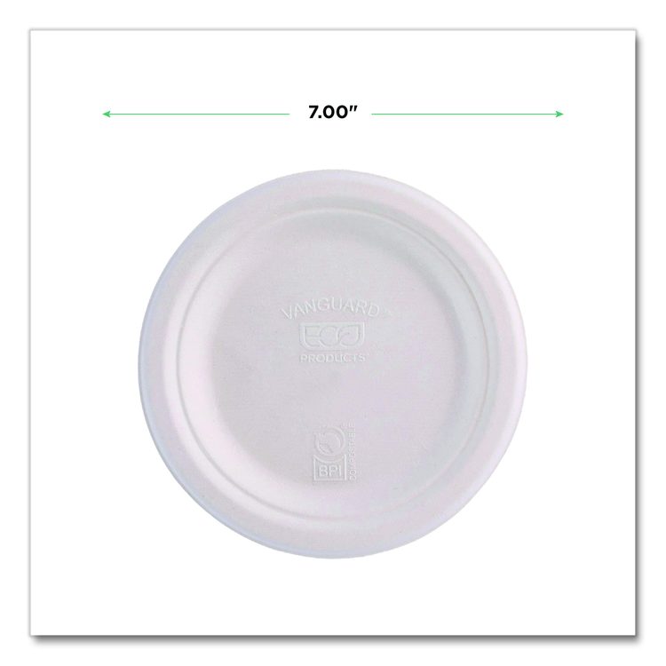 Vanguard Renewable and Compostable Sugarcane Plates, 7" dia, White, 1,000/Carton