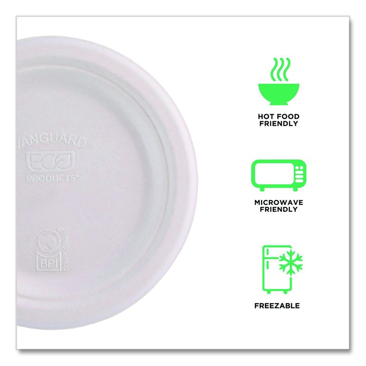 Vanguard Renewable and Compostable Sugarcane Plates, 7" dia, White, 1,000/Carton