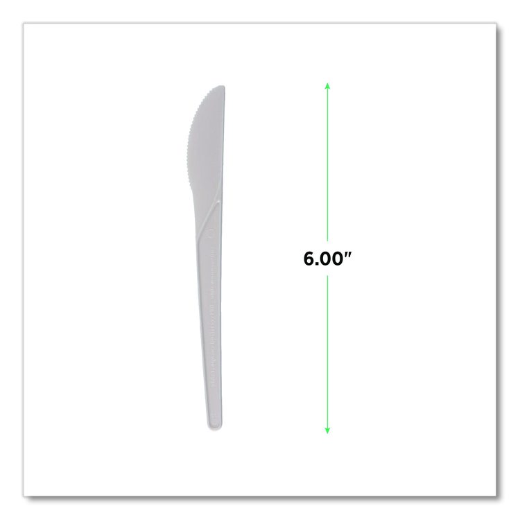 Plantware Compostable Cutlery, Knife, Plastic, Pearl White, 50/Pack, 20 Packs/Carton
