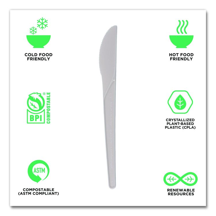 Plantware Compostable Cutlery, Knife, Plastic, Pearl White, 50/Pack, 20 Packs/Carton