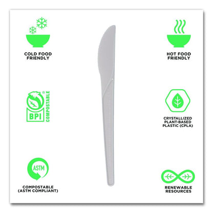 Plantware Compostable Cutlery, Knife, Plastic, Pearl White, 50/Pack, 20 Packs/Carton