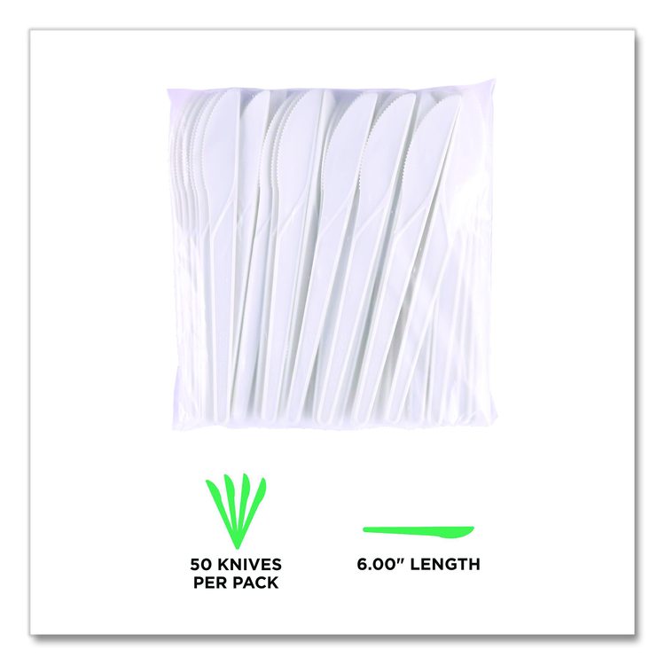 Plantware Compostable Cutlery, Knife, Plastic, Pearl White, 50/Pack, 20 Packs/Carton