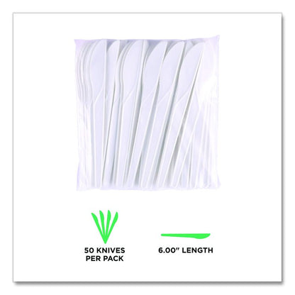 Plantware Compostable Cutlery, Knife, Plastic, Pearl White, 50/Pack, 20 Packs/Carton