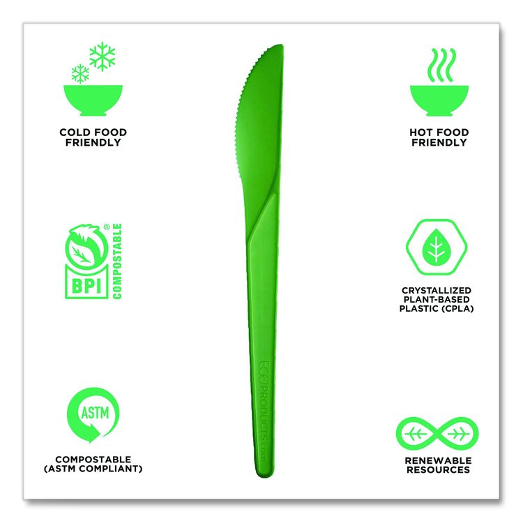 Plantware Compostable Cutlery, Knife, Plastic, Green, 1,000/Carton