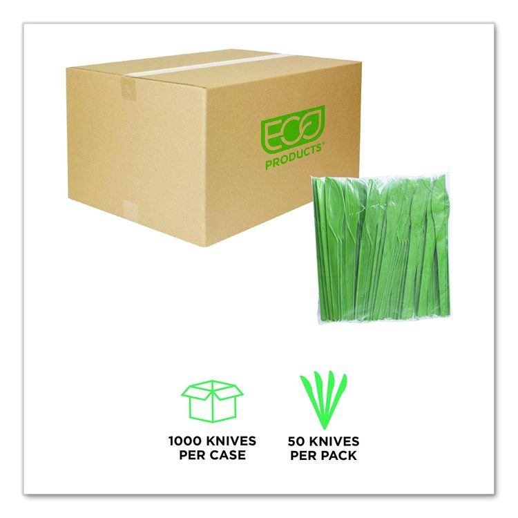 Plantware Compostable Cutlery, Knife, Plastic, Green, 1,000/Carton