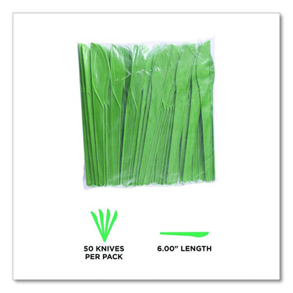Plantware Compostable Cutlery, Knife, Plastic, Green, 1,000/Carton